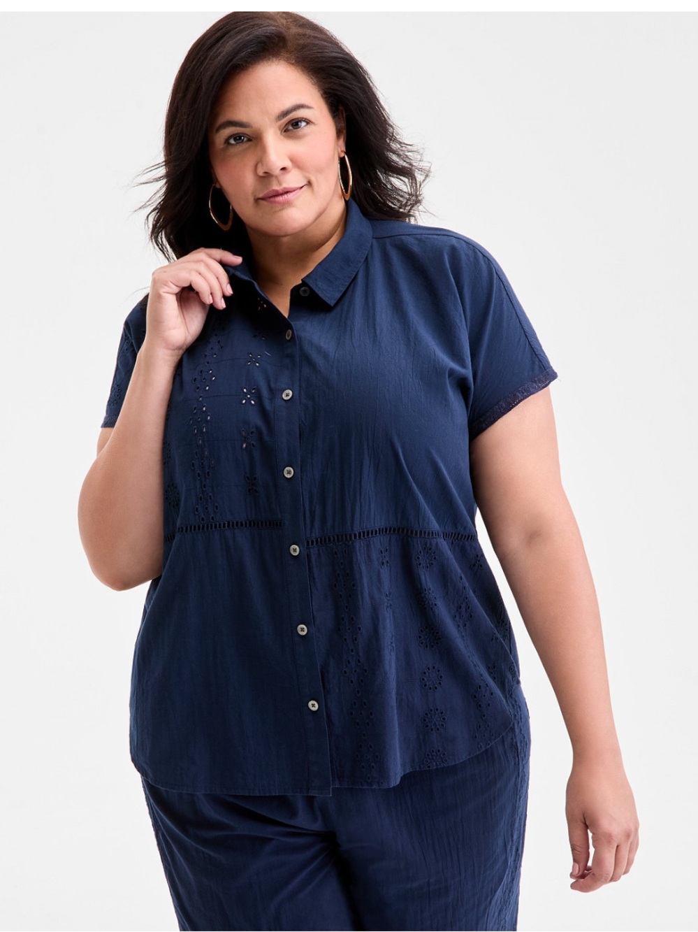 Plus Size Navy Blue Eyelet Button-Front Short-Sleeve Top